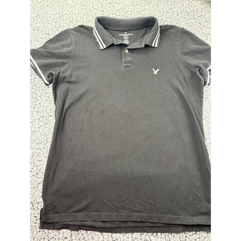 American Eagle Polo Shirt Black Size L Mens Flex Classic Fit Logo Striped